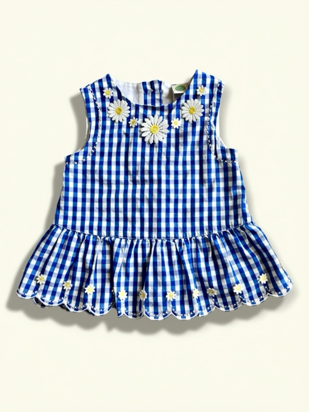 Baby Girl Dress - Blue and White Checkered Gingham w Daisies - Size 18m